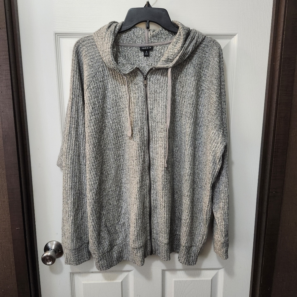 Torrid Gray Brushed Waffle Hacci Knit Hooded Zip Up Jacket. Sz 3X